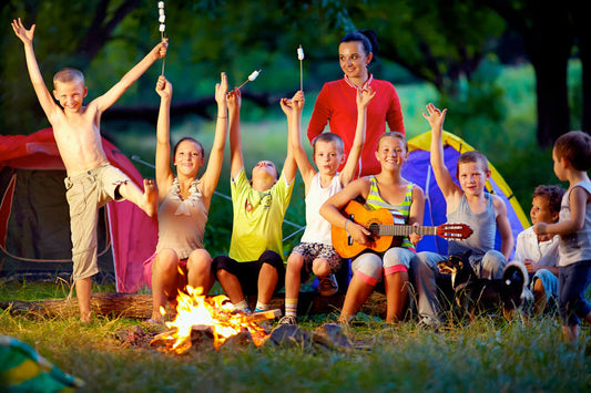 A group of kids roasting marshmallows by a campfire with tents in the background