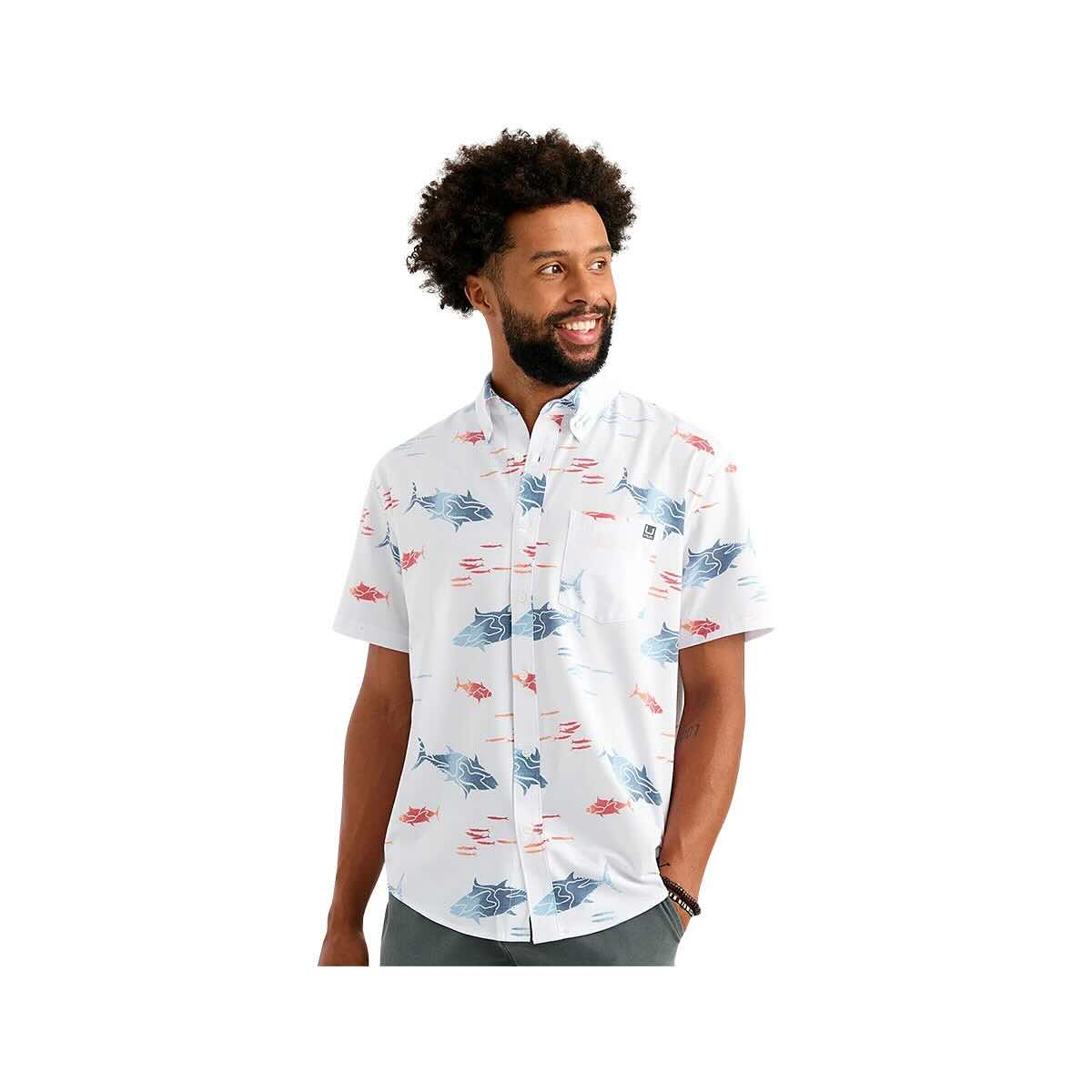 huk dress shirts Huk Men's Kona Button-Down | Cross Dye Stripe Sargasso Sea
