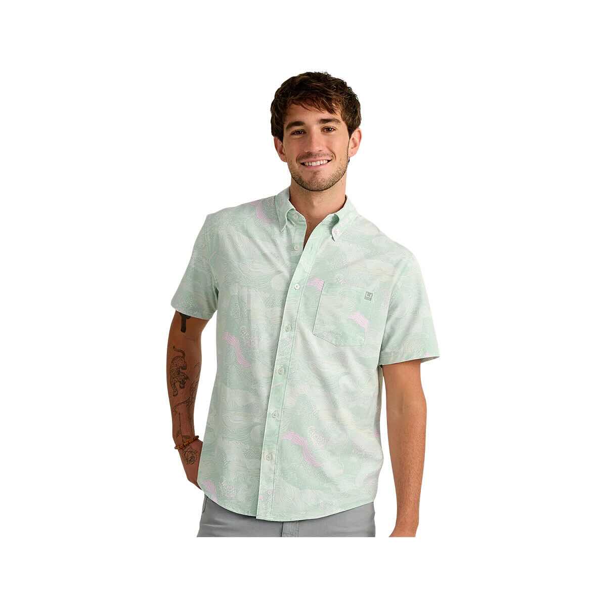 huk dress shirts Huk Men's Kona Button-Down | Cross Dye Stripe Sargasso Sea