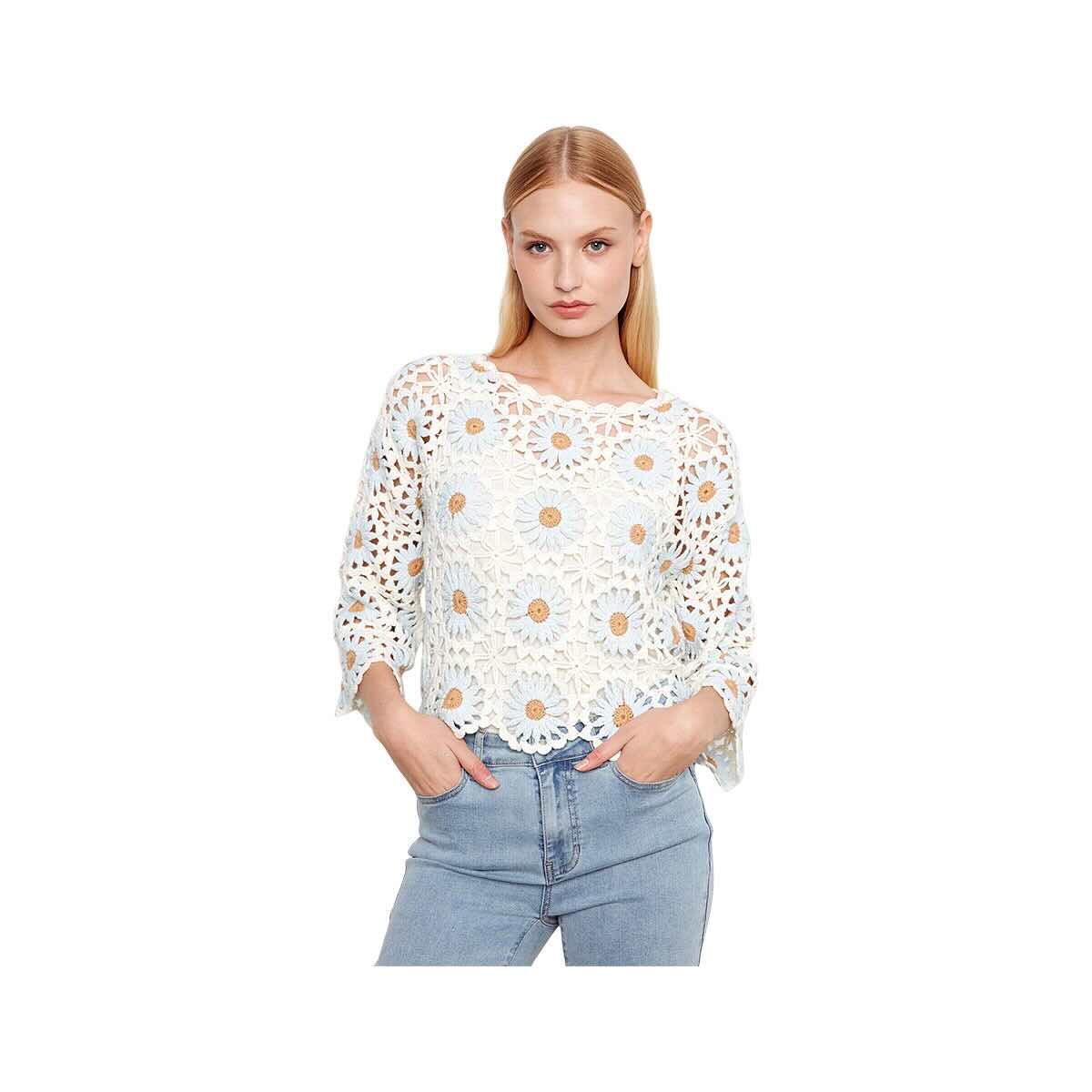 Charlie B Women's 3/4 Sleeves Flower Hand Crochet Sweater With