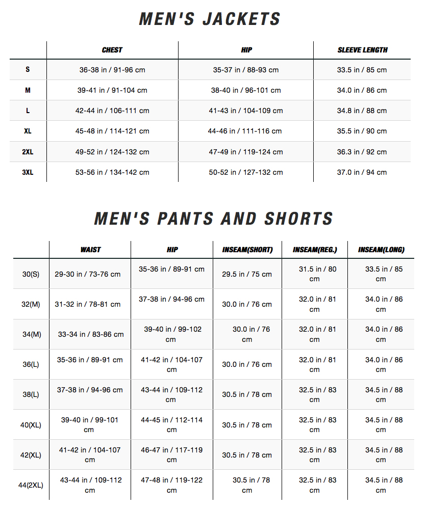 North Face Mens Jacket Size Chart