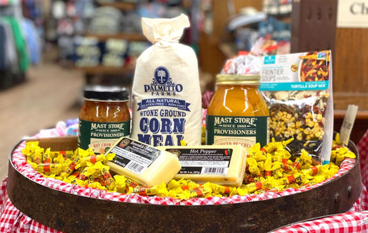 Mast store food products atop and candy barel