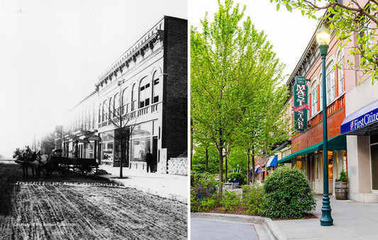 The Mast Store building in Hendersonville as it appeared in the early 1900s and today