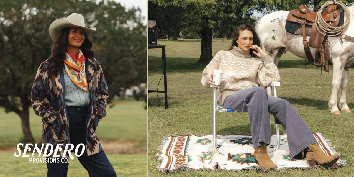 Two women ourdoorswearing Sendero western wear.