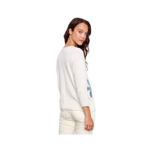 Charlie B Women's Crew Neck 3/4 Sleeve Denim Patch Sweater