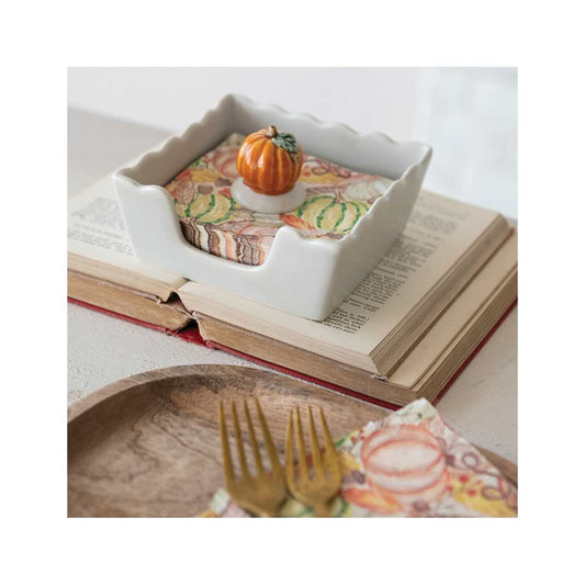 Creative Co-Op Stoneware Scallaped Cocktail Napkin Holder with Pumpkin Weight - Set of 2