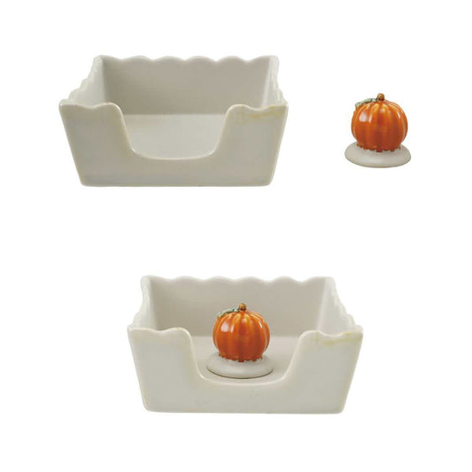 Creative Co-Op Stoneware Scallaped Cocktail Napkin Holder with Pumpkin Weight - Set of 2