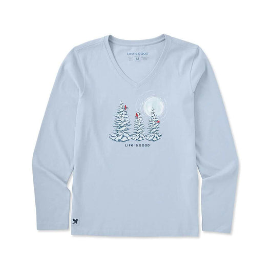 Life is Good Women's Snowy Pines and Cardinals V-Neck Long Sleeve Crusher T-Shirt, Glacier Blue