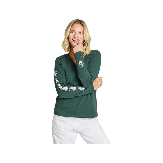 Life is Good Women's Snowman Parade V-Neck Long Sleeve Crusher T-Shirt, Treeline Green