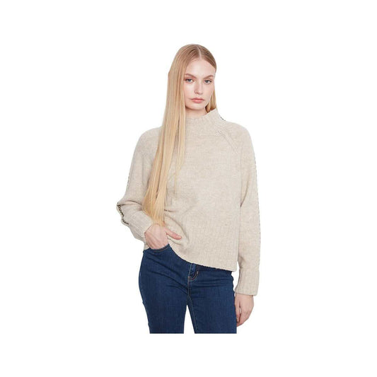 Charlie B Women's Contrast Stitch Mock Neck Sweater, Heather Oatmeal
