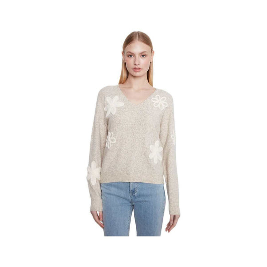 Charlie B Women's Floral Applique V-Neck Sweater, Almond