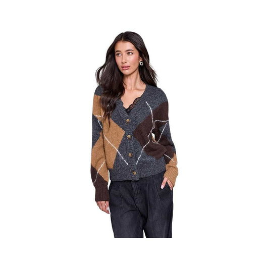 Tribal Women's Blue Thread Diamond Pattern Button Front Knit Cardigan, Charcoal