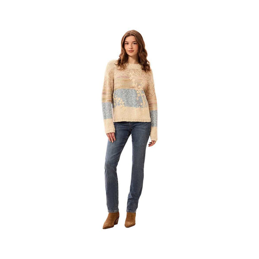 Tribal Women's Novelty Slub Knit Embroidered Long Sleeve Sweater, Azure