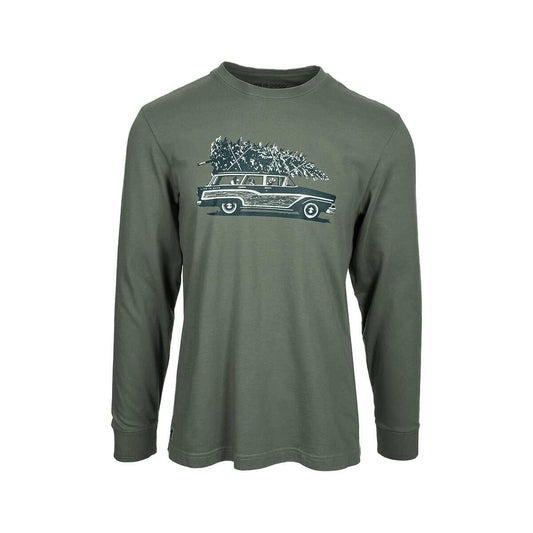 Life is Good Men's Christmas Tree Wagon Long Sleeve Crusher T-Shirt, Moss Green