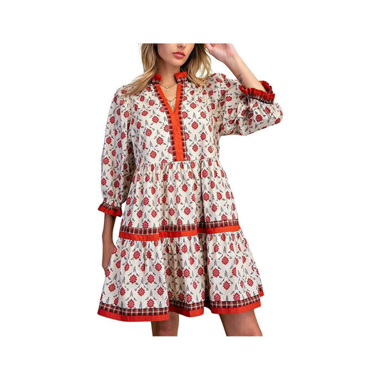 Easel Women's Printed Floral Poplin 3/4 Sleeve Dress, Ecru
