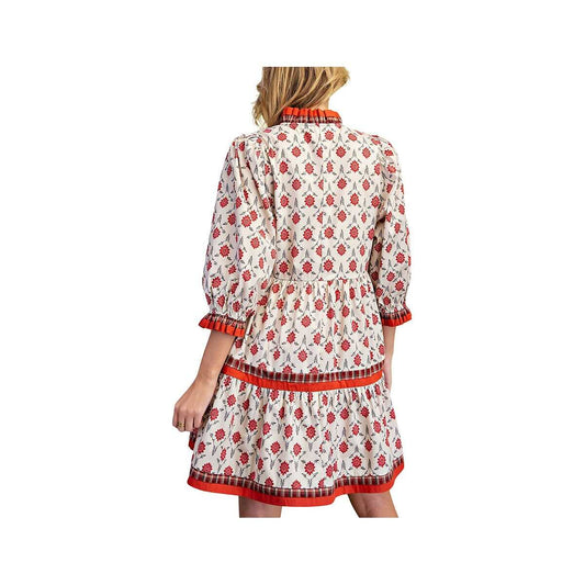 Easel Women's Printed Floral Poplin 3/4 Sleeve Dress, Ecru, alternate view 1