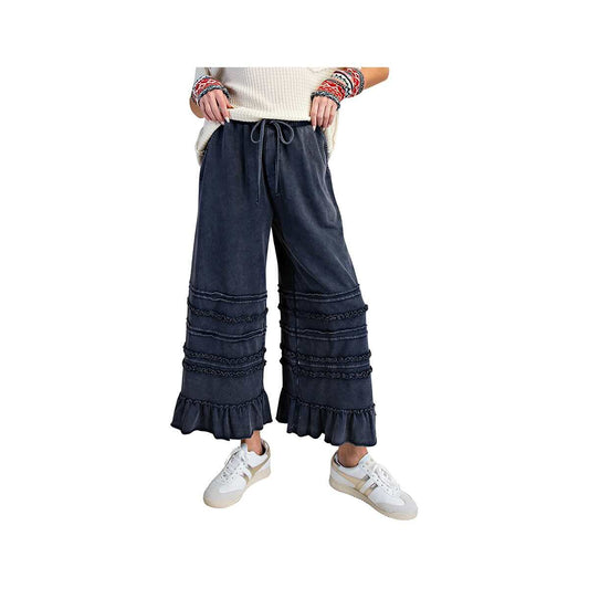 Easel Women's Mineral-Washed Ruffle Terry Pants, Midnight Blue