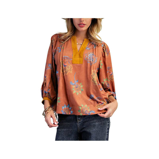 Easel Women's Floral Print Contrast Trim Suede Blouse, Dijon