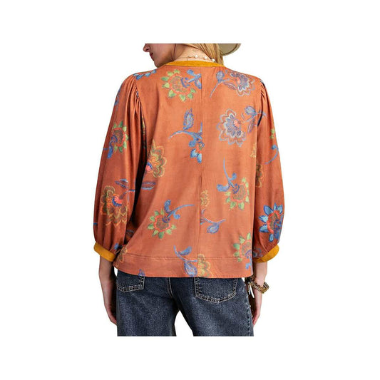 Easel Women's Floral Print Contrast Trim Suede Blouse, Dijon, alternate view 1