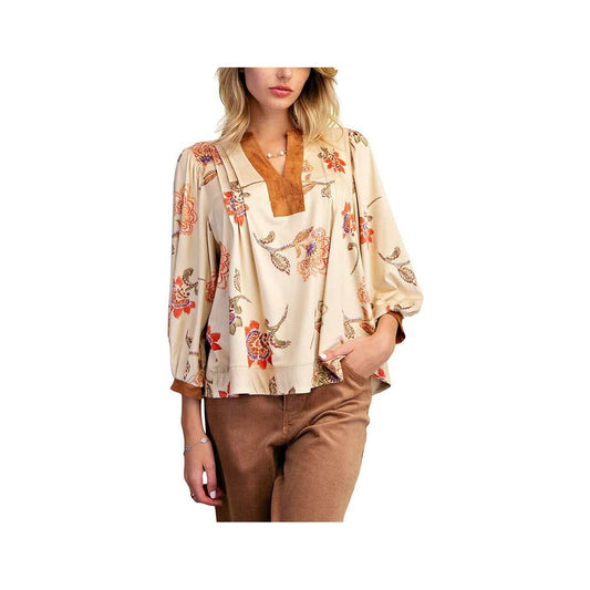Easel Women's Floral Print Contrast Trim Suede Blouse, Khaki