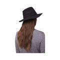 Black wide-brimmed hat worn by a woman with long, wavy hair, viewed from the back, showcasing its stylish design and breathable fabric.