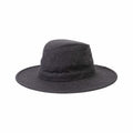 Wide-brimmed black adventure hat made from durable fabric, featuring ventilation holes and a flat crown for comfort and sun protection.