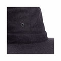 Close-up view of a stylish black felt hat featuring ventilation grommets and a structured brim, perfect for outdoor activities and fashion.