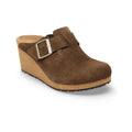 Brown suede wedge clogs featuring a stylish buckle and cork sole, perfect for comfort and casual elegance.