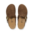 Brown suede slip-on shoes with adjustable buckle, featuring a comfortable footbed, ideal for casual wear and everyday use.