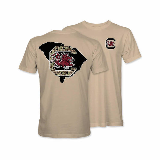 Color swatch for Eat More Tees Gamecocks Duck Camo South Carolina Short Sleeve T-Shirt in Tan