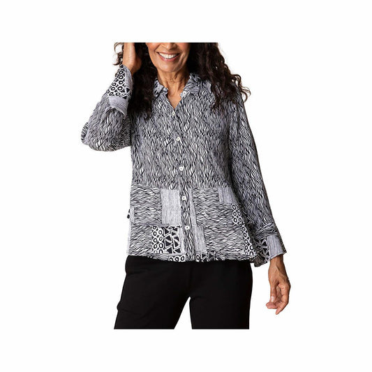 Habitat Women's Bali Breeze Mixed Pattern Long Sleeve Flounce Shirt Black