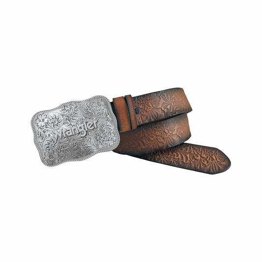 Wrangler Women's Floral Embossed Leather Belt with Carved Buckle Brown