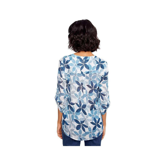 Charlie B Women's Printed Roll Up Long Sleeve Cotton Gauze Sapphire P