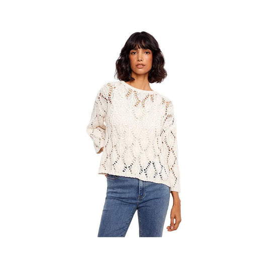 Charlie B Women's 3/4 Sleeve Crochet Crew Neck Sweater Natural