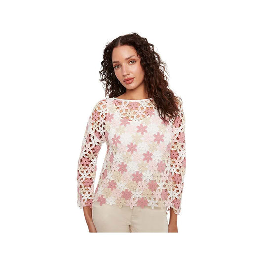 Charlie B Women's 3/4 Sleeve Crochet Flower Top Carnation P