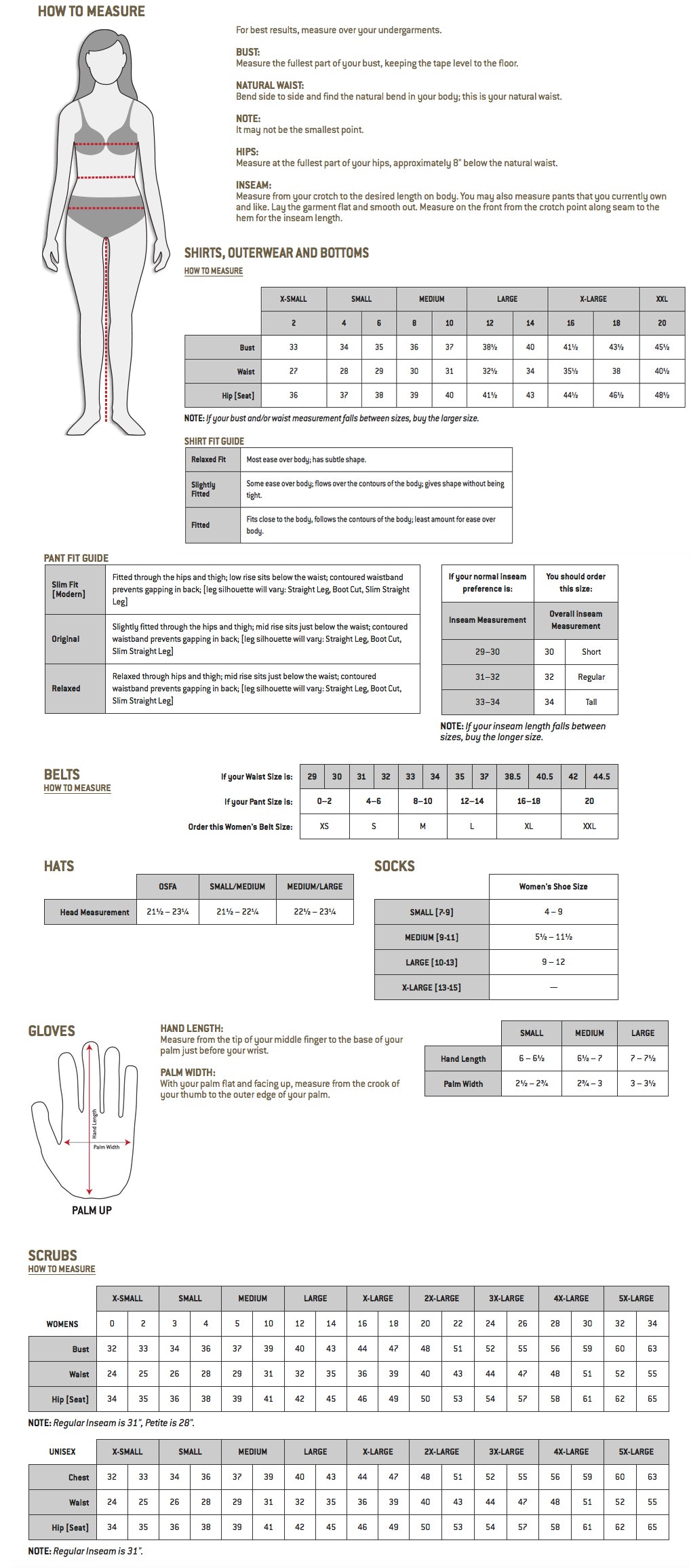 Measurement chart for bras, underwear, bottoms, hats, gloves, and shoes with illustrations and text.