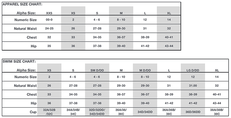 Apparel and swim size chart with numerical and alphabetic sizing