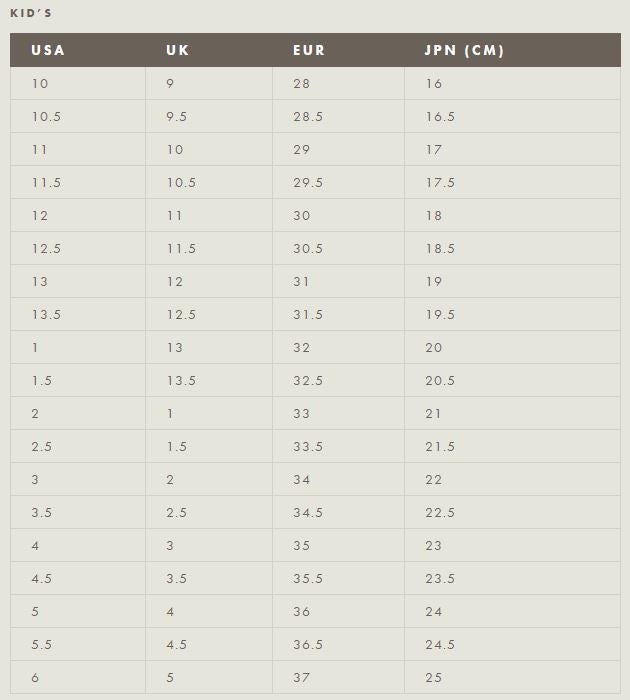 Children's size chart comparing USA, UK, EUR, and JPN sizes.