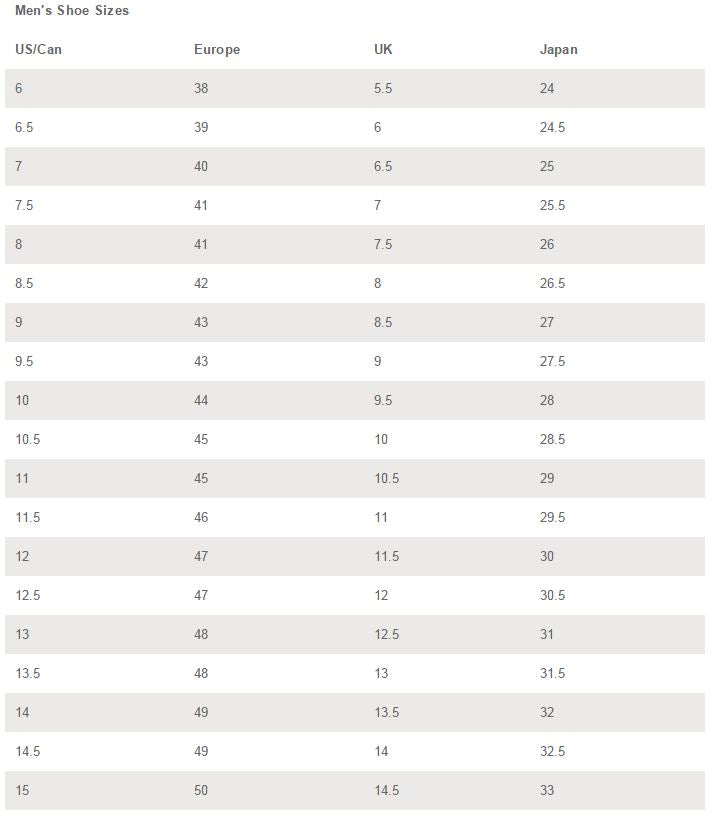 Table showing shoe size conversions between US/Can, Europe, UK, and Japan.
