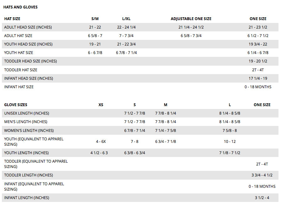 Size chart for hats and gloves with measurements in inches.