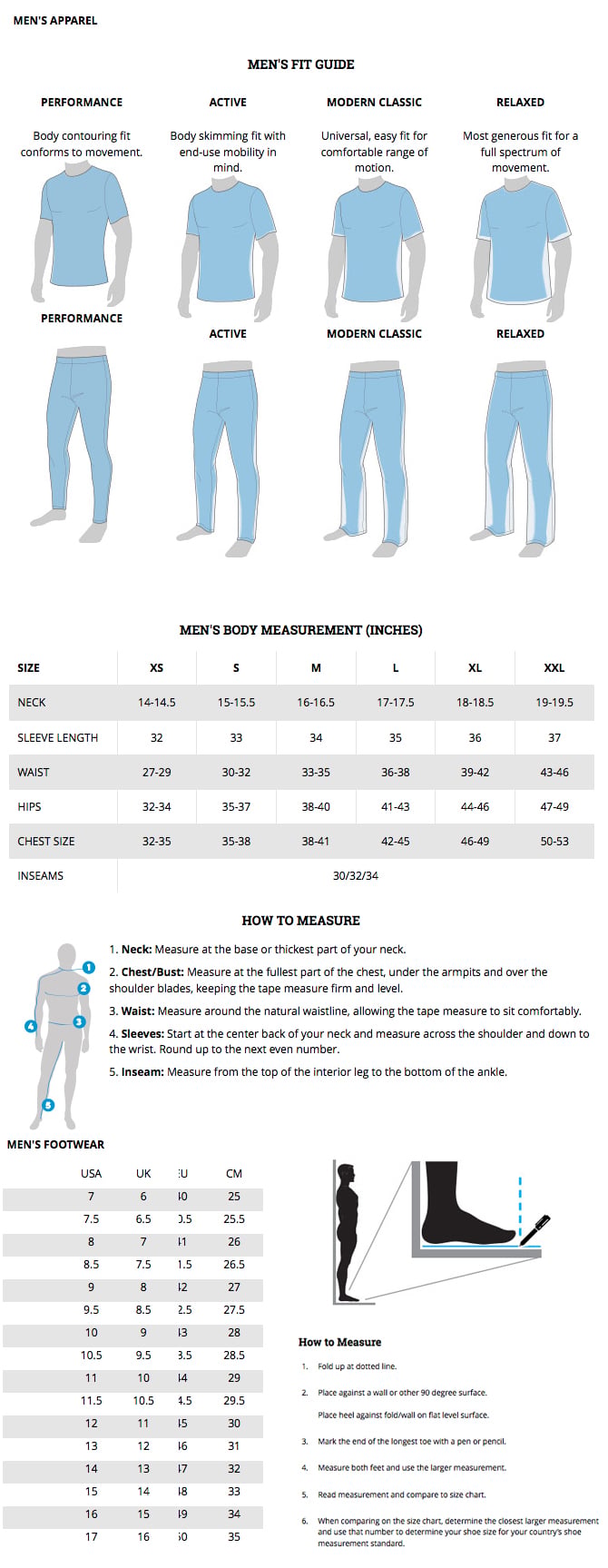 Measurement chart for men's clothing with various styles and sizes.
