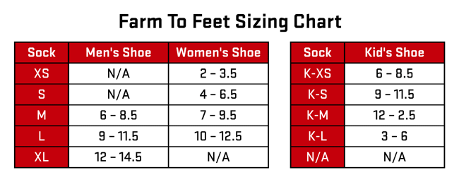 Farm To Feet Sizing Chart for socks with shoe size conversions.