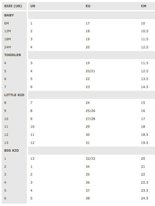 Size chart for children's clothing with US, UK, EU, and CM measurements.