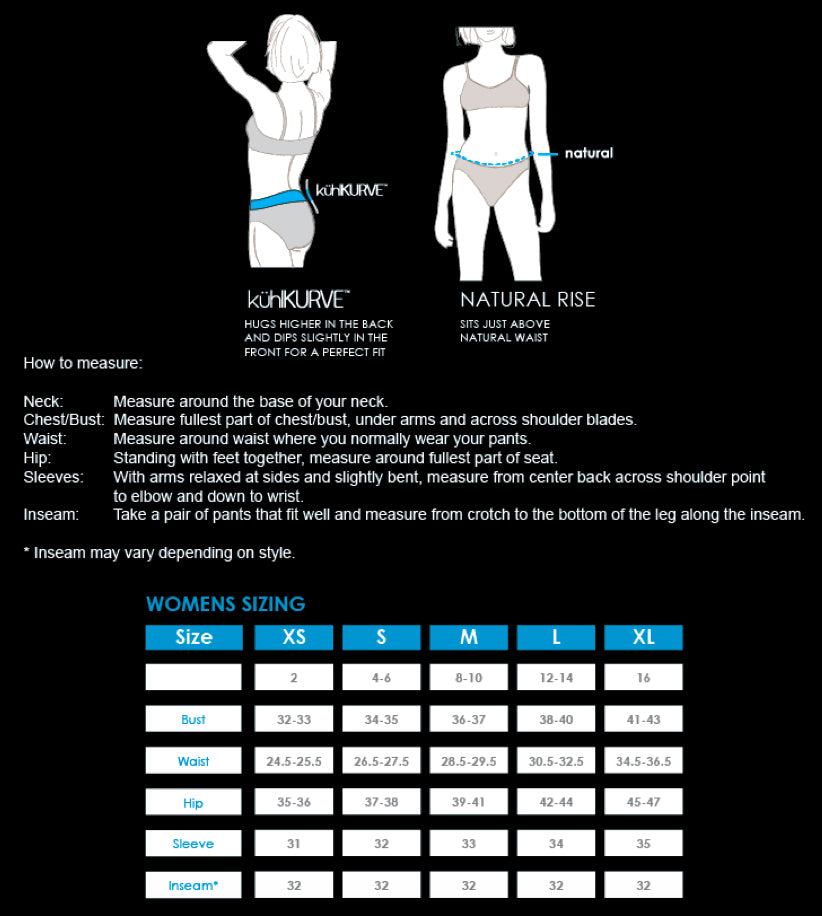 Size chart with measurements on a black background
