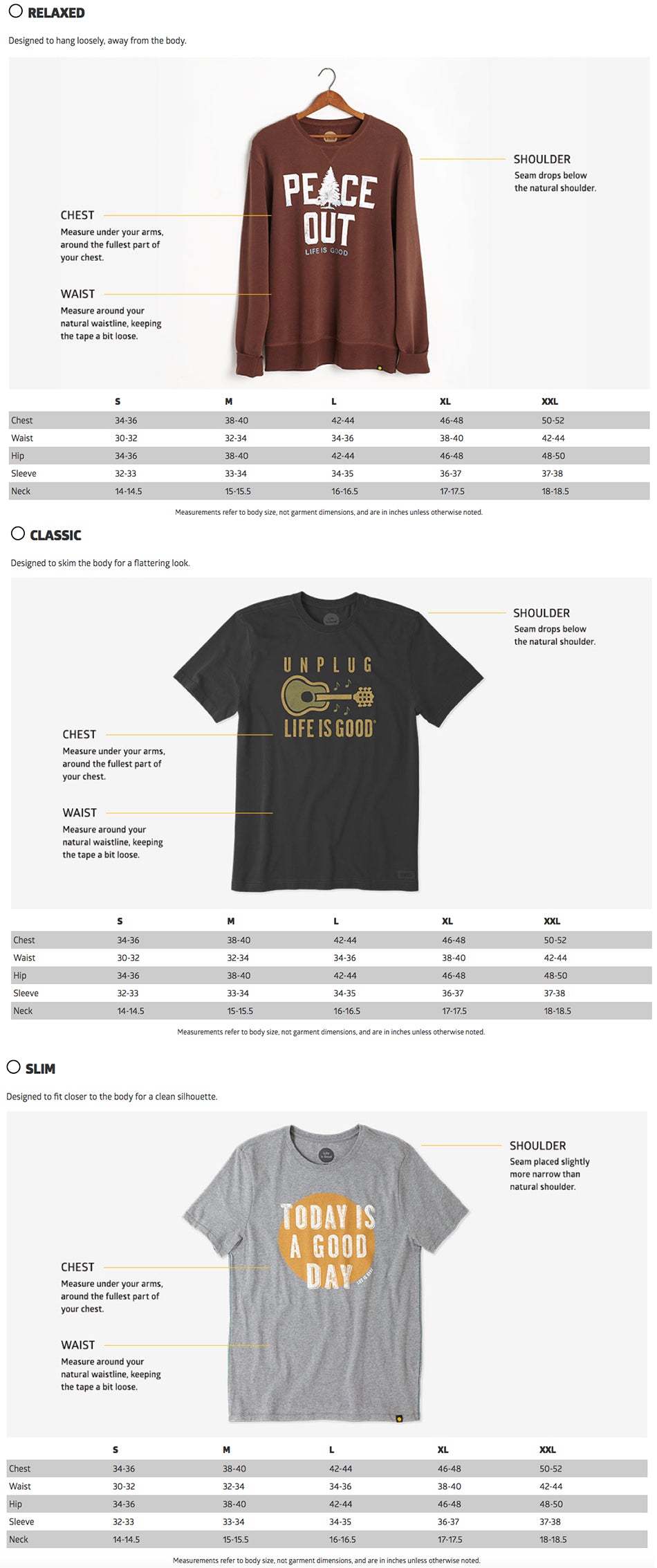 Three t-shirts with text designs on a white background with size charts
