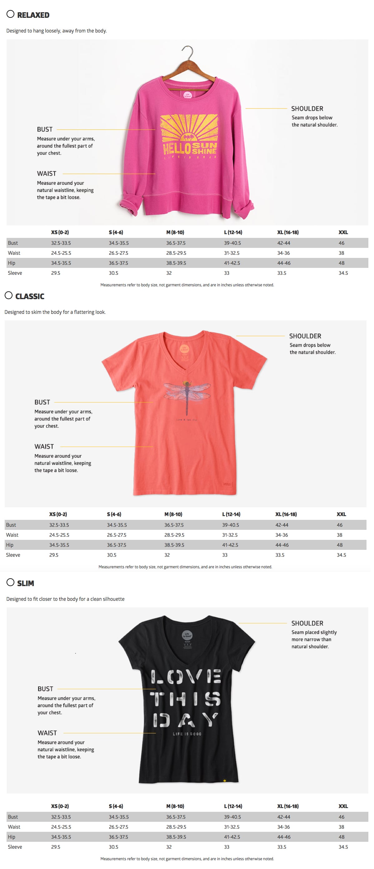 Product listings with shirts on a white background and size charts