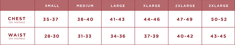 Size chart for chest and waist measurements with color swatches.