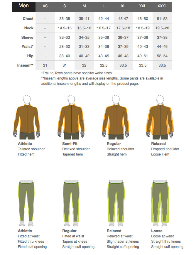 Size chart and style guide for men's clothing with measurements and garment types.