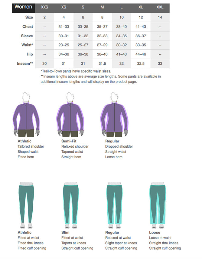 Size chart for women's clothing with measurements and garment styles.