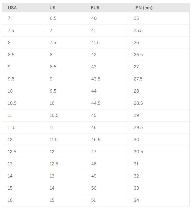 Table showing shoe size conversions between USA, UK, EUR, and JPN.